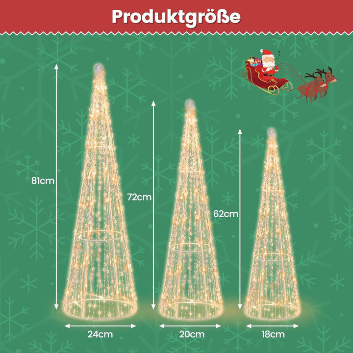 COSTWAY 3er Set LED Weihnachtsbaum in Kegelform, beleuchtete Weihnachtsdeko mit 90 warmweissen LED-L