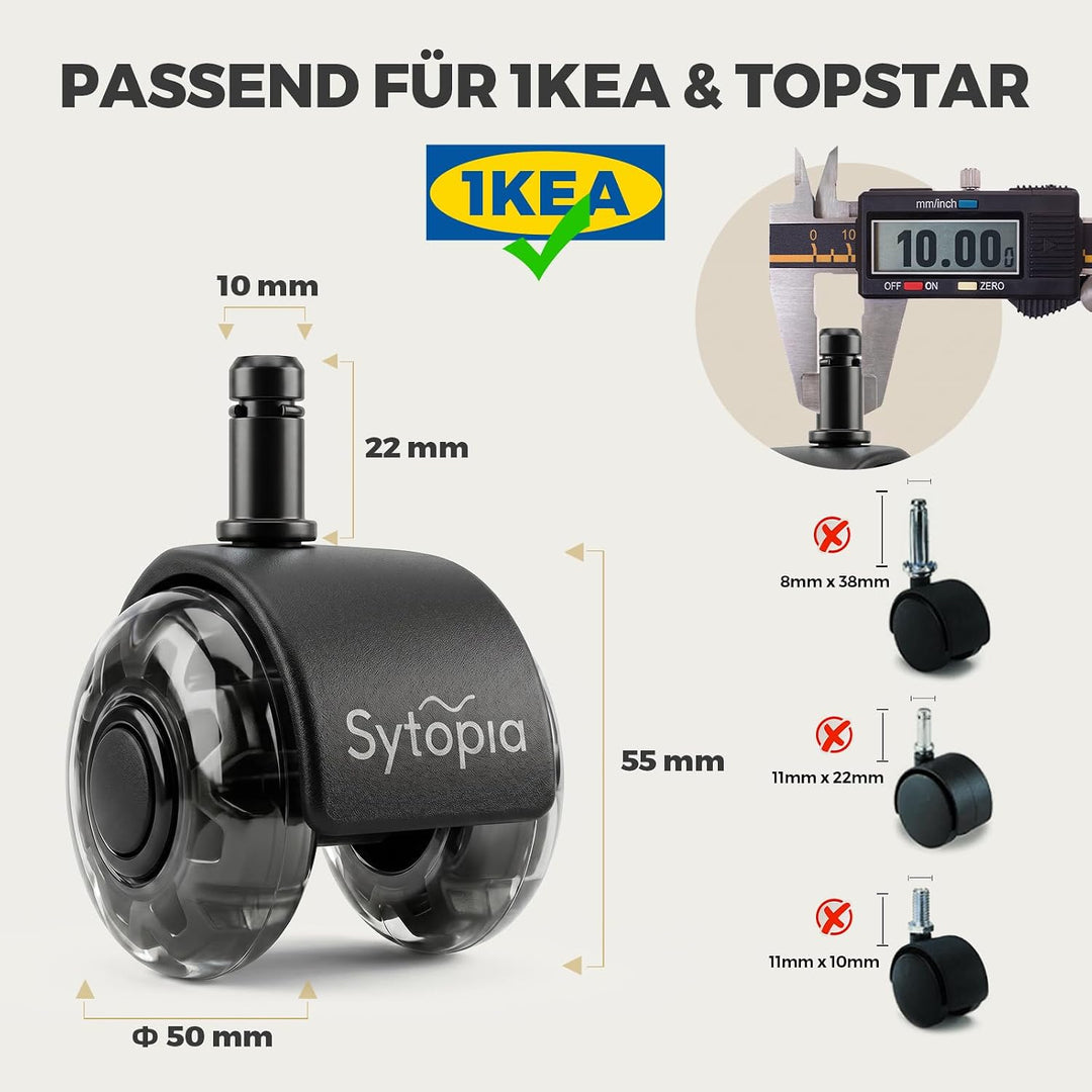Sytopia Bürostuhl Rollen mit 10mm X 22mm Stift, 5er Set Rollen für 1KEA Bürostühle, Hartbodenrollen