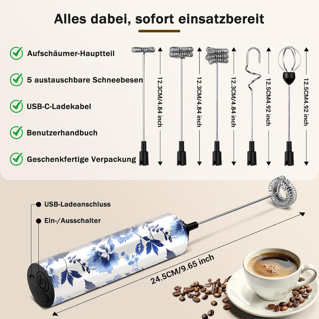 Milchschäumer Elektrisch USB-C mit 5 Wechselbaren Edelstahl-Schneebesen–2 Einstellbare Geschwindigke