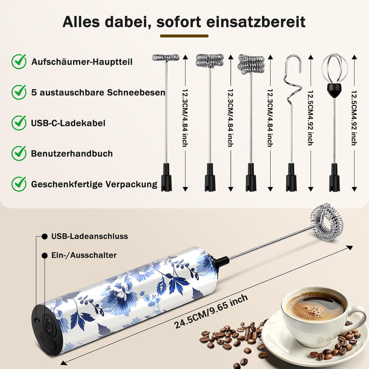 Milchschäumer Elektrisch USB-C mit 5 Wechselbaren Edelstahl-Schneebesen–2 Einstellbare Geschwindigke