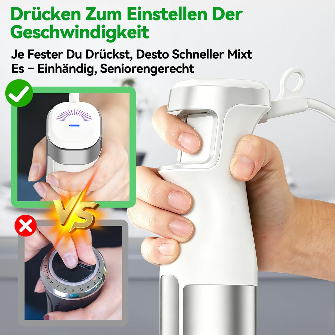 Stabmixer Set 5 in 1, 1100W Pürierstab Elektrisch, Stufenlose Geschwindigkeit, Edelstahl Hand Blende