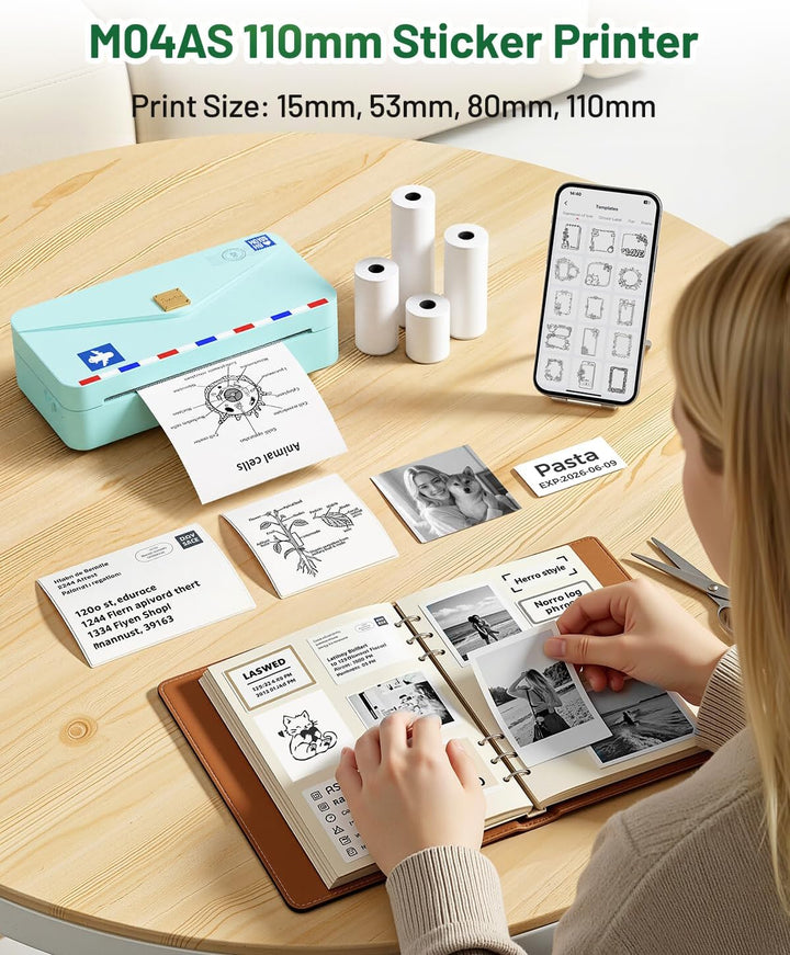 Phomemo Mini Drucker M04AS 4" Mini Thermodrucker Handy Bluetooth 15/53/80/110mm Druckbreite, 304dpi,