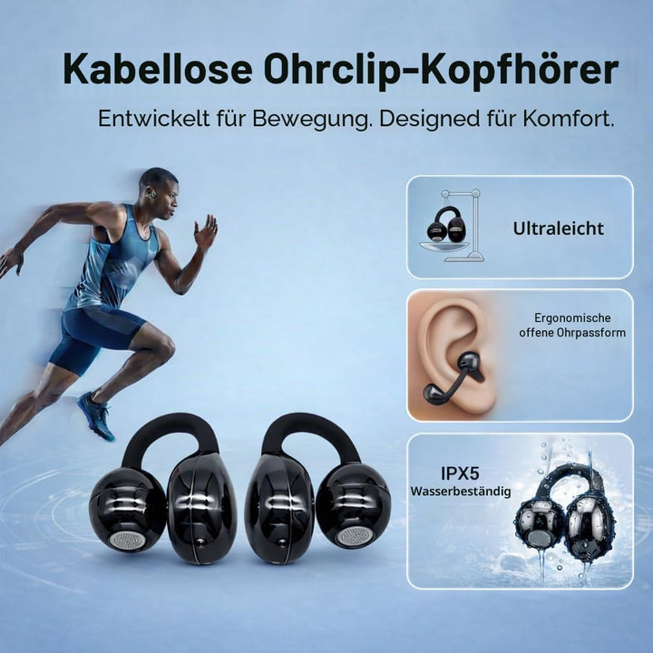 Open Ear Kopfhörer Bluetooth 5.4, Clip On Ohrhörer mit Innovativem Clip-Design, DNN Geräuschunterdrü