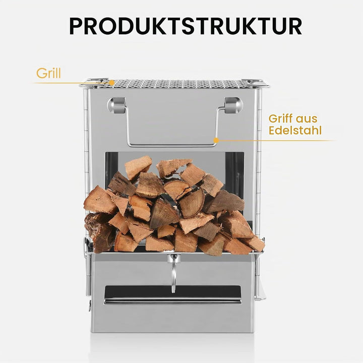 Lixada Camping-Pfanne aus Edelstahl, zusammenklappbar, Holzofen, Mini-Grill, mit Transporttasche, fü