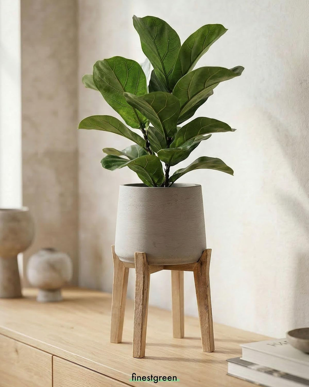 Finestgreen Patt Feet High | Handgefertigtes Pflanzgefäss auf Holzfüssen (XL Ø:30,5 H:43,5 cm, Grau)