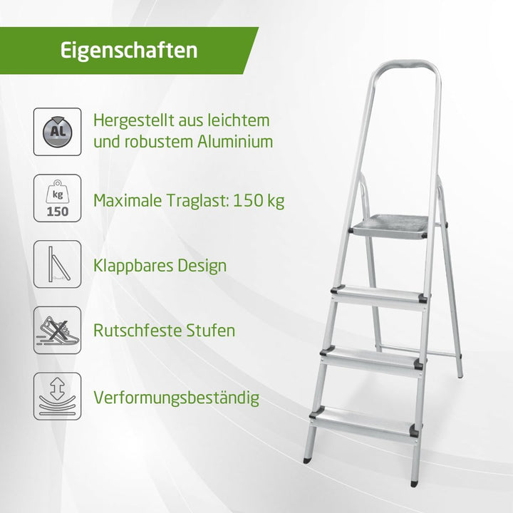 Amig - Klappbare Leiter mit 4 Stufen - Hergestellt aus Aluminium - Masse der kleinen Stufen: 28 cm x