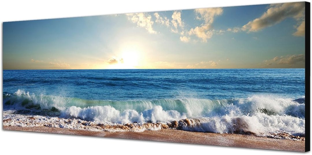 Paul Sinus Art Panoramabild auf Leinwand und Keilrahmen 150x50cm Meer Strand Wellen Sonnenuntergang