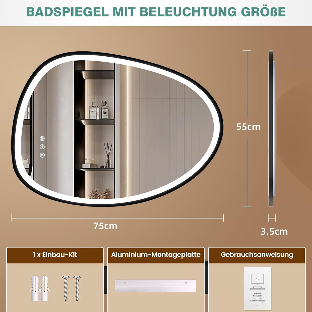 Spiegel mit Beleuchtung Asymmetrischer LED Badspiegel 75x55 cm mit Touch-Schalter– Antibeschlag, 3 L