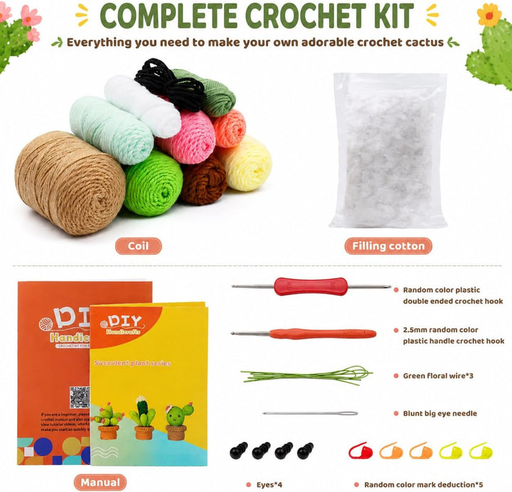 Boriad Häckel Kit für Anfänger,3 Cactus Stricken für Anfänger set,Crochet Set mit Häkelanleitung für