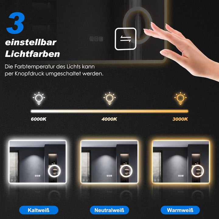 SONNI LED Badspiegel mit 3-fache Lupe 100x60 cm, Touch Badezimmerspiegel mit Steckdose, 3 Lichtfarbe