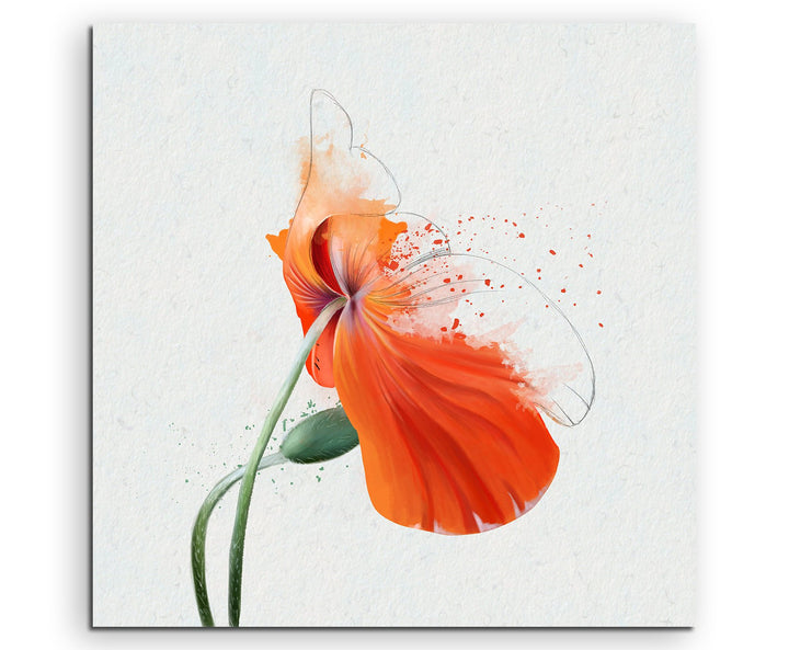 Wandbild 90x90cm Orange Mohnblumen im Splash Art Stil auf Leinwand für Wohnzimmer, Büro, Schlafzimme