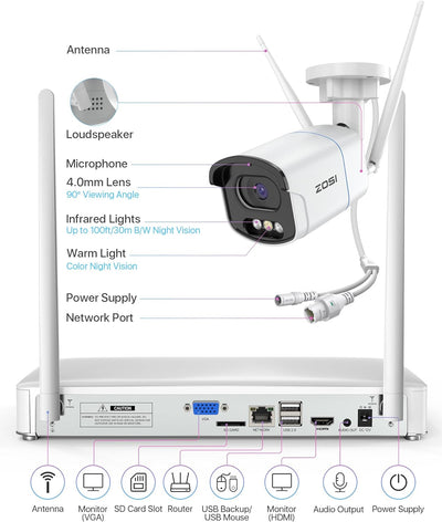 ZOSI 4MP WLAN Überwachungskamera Set Aussen, 4X WiFi Kamera Outdoor Set, 8CH 2.5K NVR mit 2TB Festpl