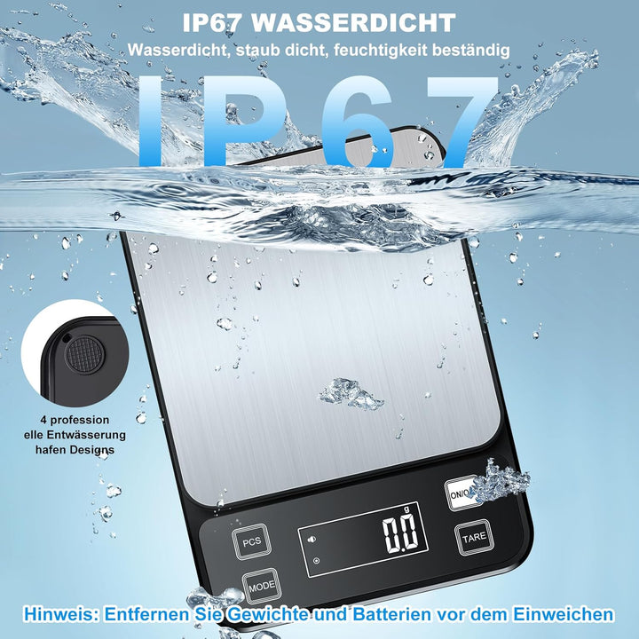 Diyife Wasserdicht IPX67 Küchenwaage 10KG, 0,1g Digitalwaage mit Grosser Edelstahl Wiegefläche, Wied