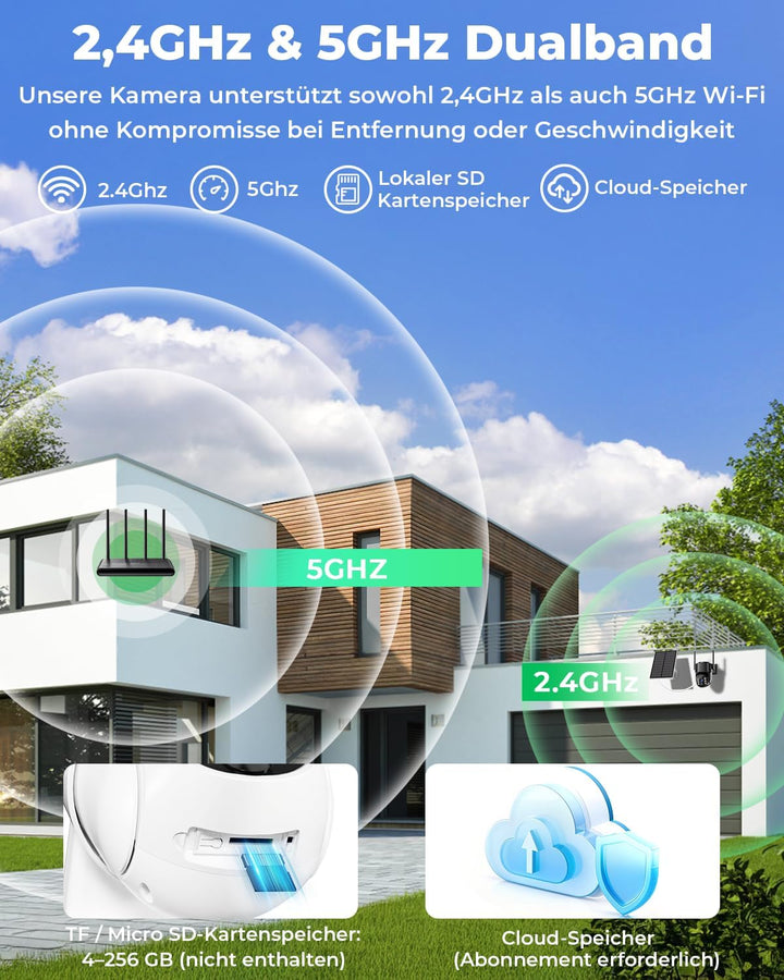 2K 4MP Überwachungskamera Aussen Akku Solar, 2,4G- und 5G-WLAN, 360° PTZ-Aussenkamera mit Batteriebe