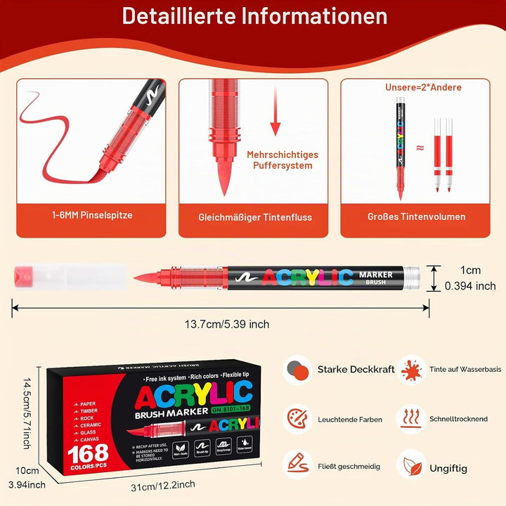 Acrylstifte, 168 Farben Acrylic Marker mit flexibler Pinselspitze, Direktflüssigkeit Acrylic Paint M