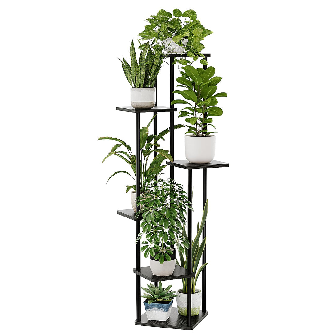 Bamworld Blumenständer Schwarz Hoch – Pflanzenständer aus Metall mit 6 Ebenen – Platzsparendes Pflan