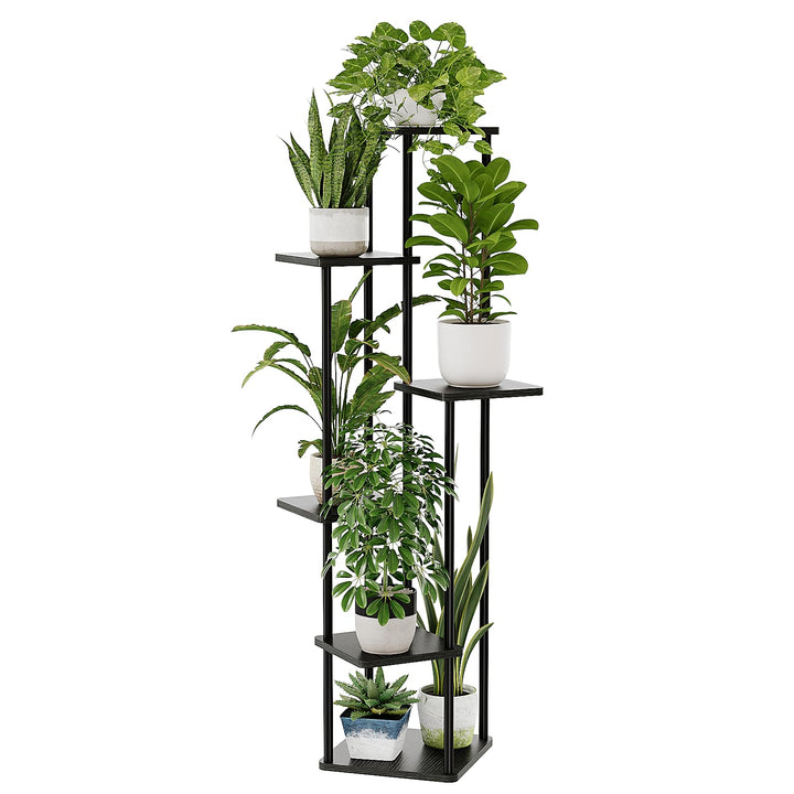 Bamworld Blumenständer Schwarz Hoch – Pflanzenständer aus Metall mit 6 Ebenen – Platzsparendes Pflan