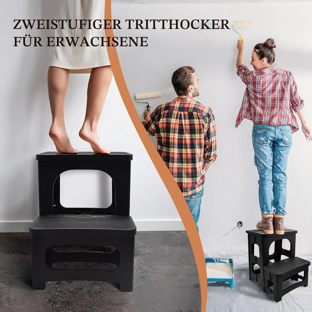2 Stufen Tritthocker, Tragbaren Klapphocker mit Rutschfester Trittfläche 150kg Tragfähigkeit Faltbar