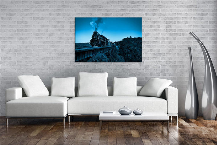 deyoli Atemberaubend altmodische Lokomotive Format: 100x70 Effekt: Monocrome Blau als Leinwandbild,