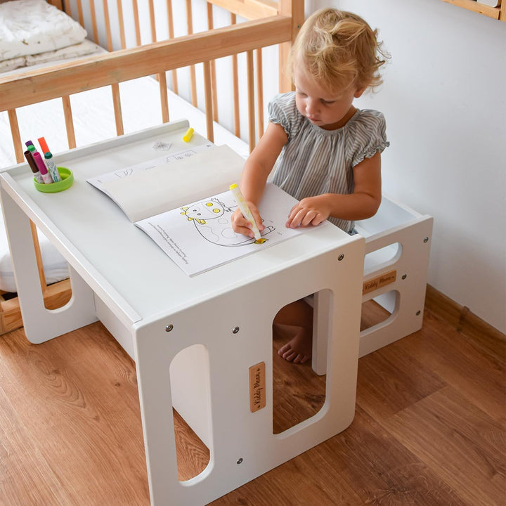 KiddyMoon Kindertisch Mit Stuhl 2-In-1 Runde Kanten Kindermöbel Leicht Zu Reinigen, Weiss Kindertisc