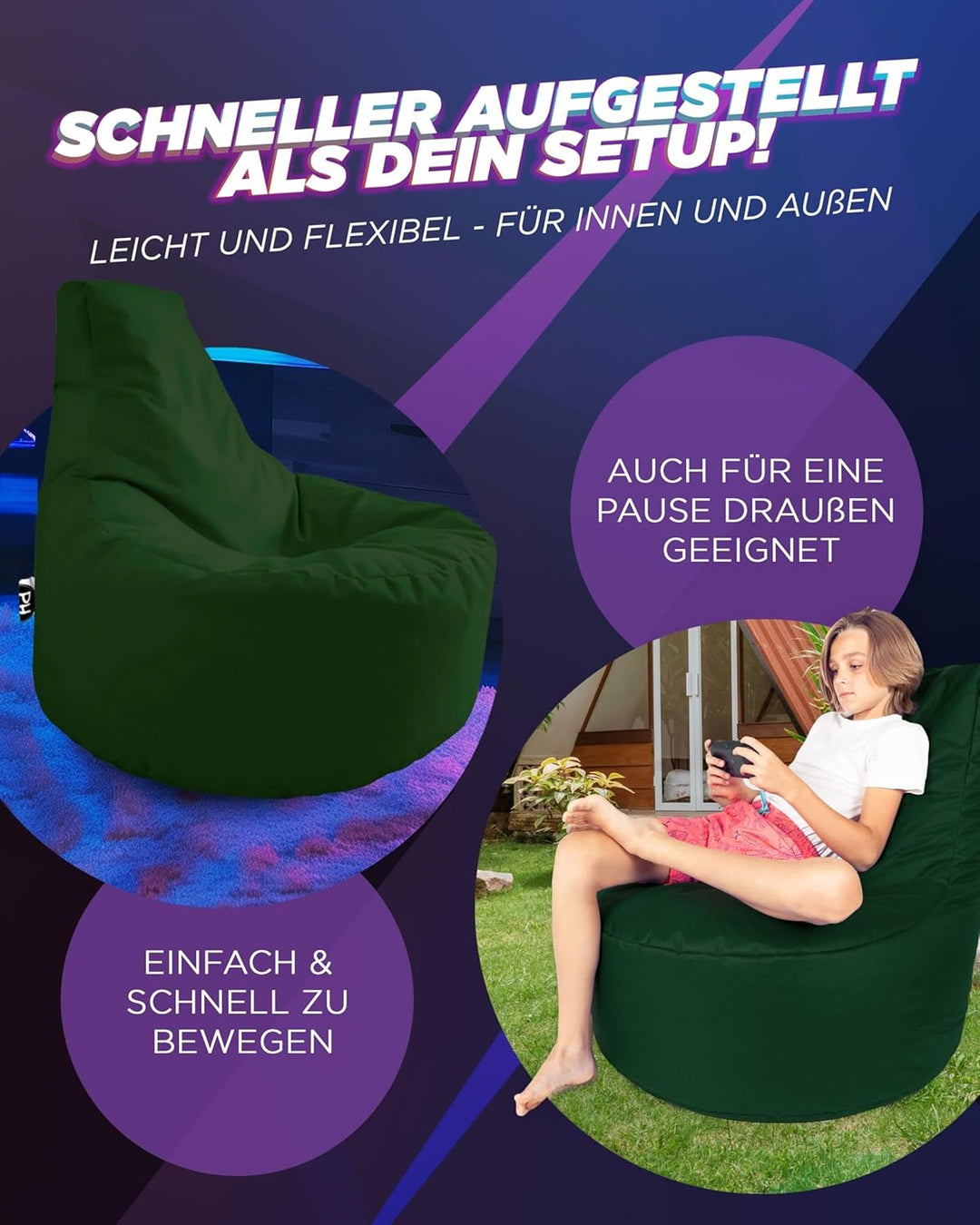 PATCH HOME Gamer Kissen & Lounge Sitzsack – befüllbar mit Reissverschluss, gefüllt mit Styropor, gee