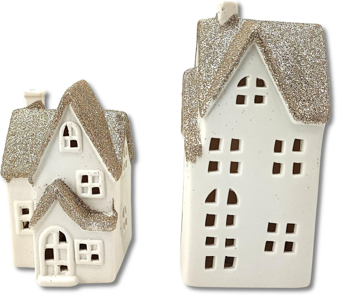 DARO DEKO Keramik LED Haus - Lichthaus Gold Glitzer 2er Set, Gold Glitzer 2er Set