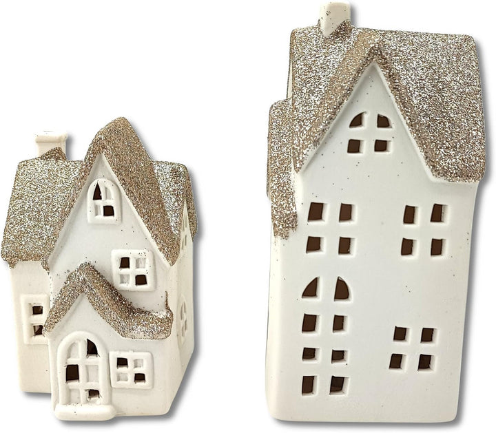 DARO DEKO Keramik LED Haus - Lichthaus Gold Glitzer 2er Set, Gold Glitzer 2er Set