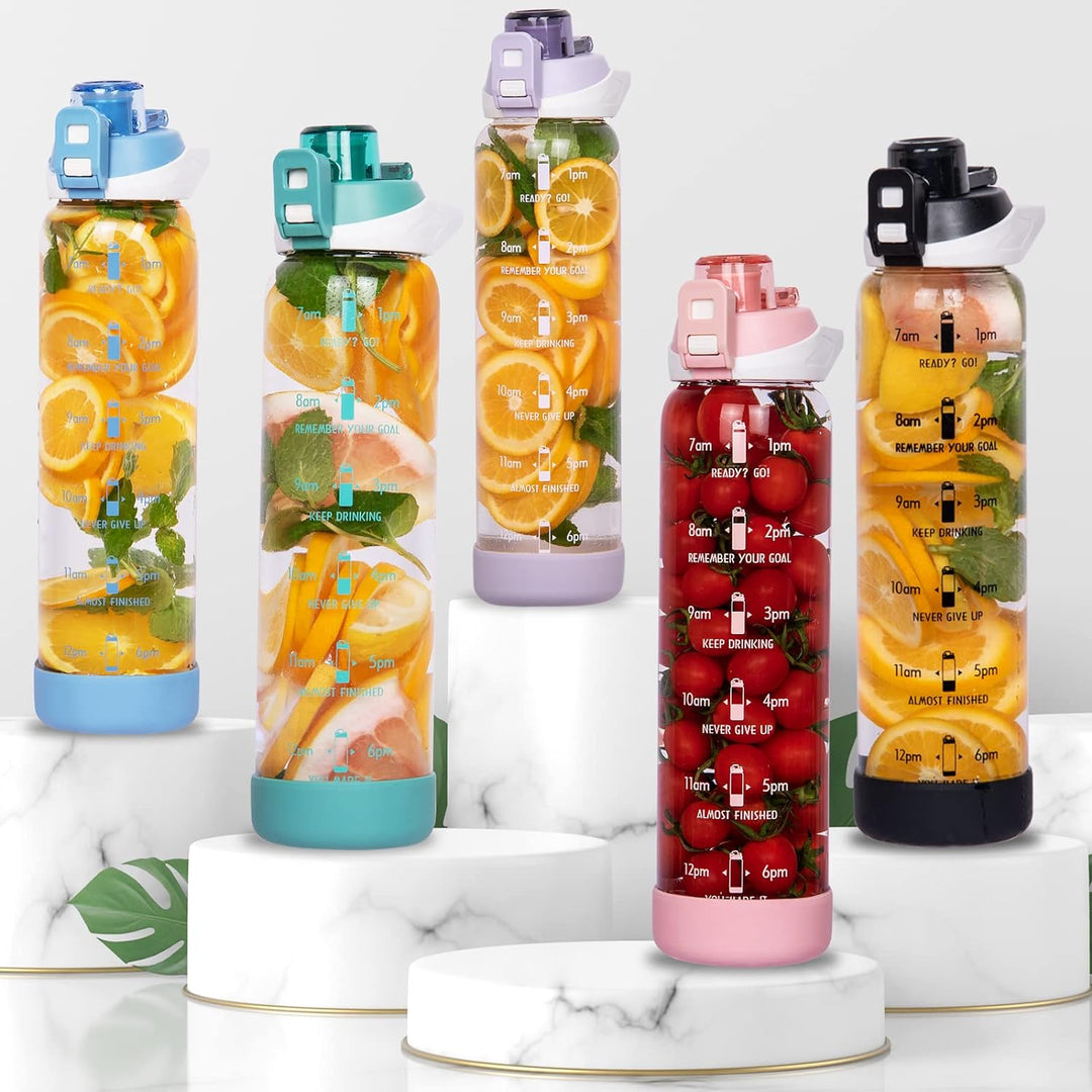 Seekua 1l Sport Trinkflasche Glas Flasche mit Strohhalm &amp; Zeitmarkierung auslaufsicher bpa frei 1 li