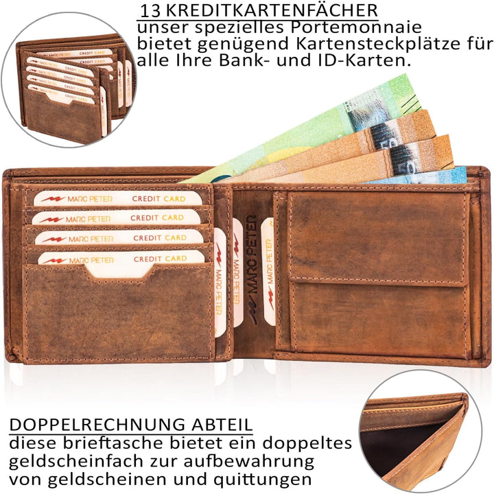 Marc Peter Oslo Geldbörse Herren Leder Bräune mit RFID Schutz I Echtleder Portemonnaie Gross I 13 Fä
