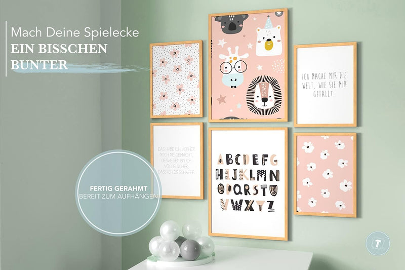 Papierschmiede® Bilder Kinderzimmer Kids Mood Poster Set ABC Rosa Tiere, Gerahmte Bilder fürs Kinder