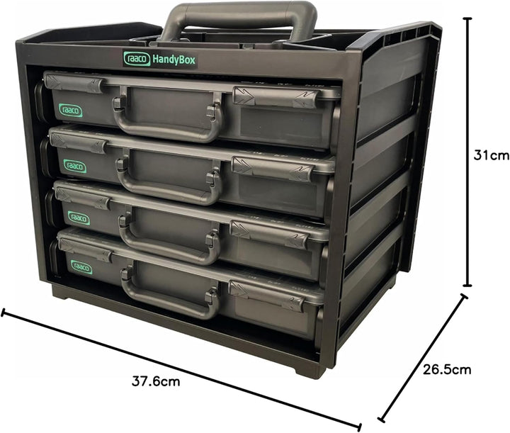 raaco HandyBox 55x4, Premium Sortimentskasten für Werkstatt, Tragerahmen mit 4 Sortierkasten für Kle