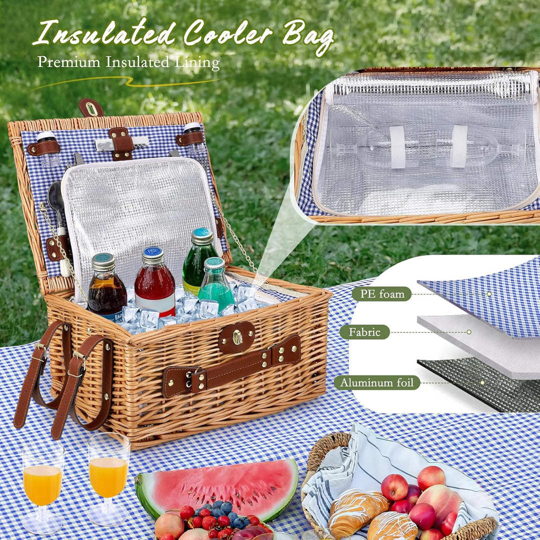 Weidenkorb für 4 Personen, Vintage Picknickkorb Set, mit Kühlfach, Wasserdichter Decke, Besteck, für