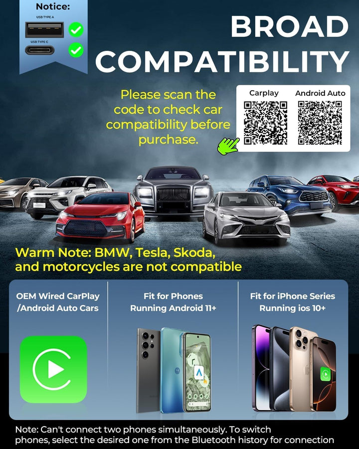 Carplay Wireless Adapter Android-Auto Adapter: 2 in 1 Wired Konvertieren Kabellos, Mini & Stabiler P