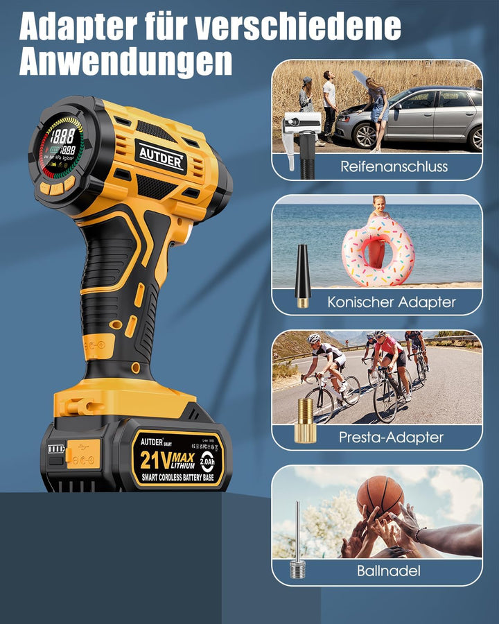 AUTDER Akku Kompressor, Luftkompressor, Tragbare Elektrische Luftpumpe mit 21V Akku und Auto-Netztei