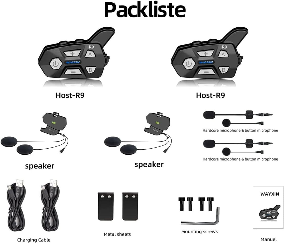 WAYXIN R9 6 Wege Motorrad Headset,Intercom Motorrad Kommunikationssystem,Reichweite der Helm Headset