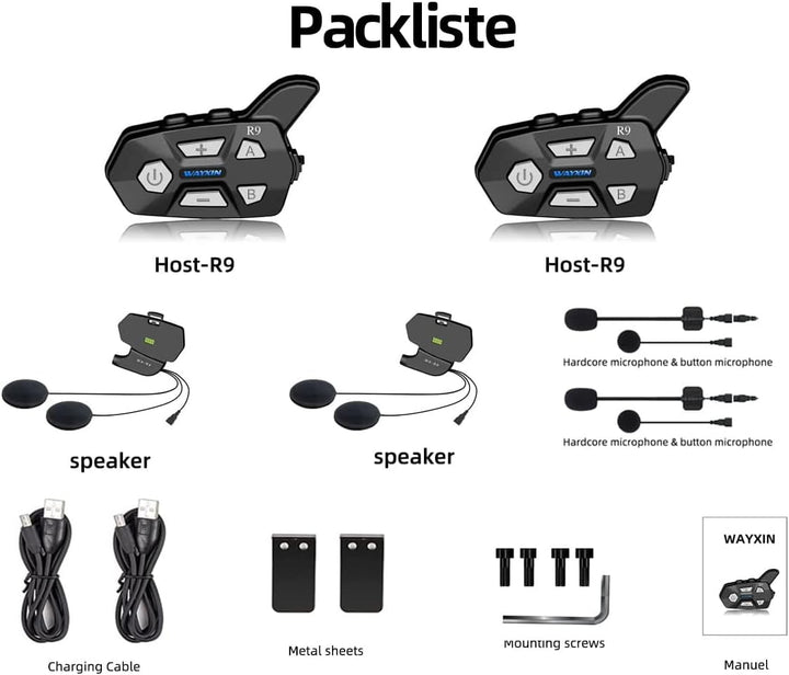 WAYXIN R9 6 Wege Motorrad Headset,Intercom Motorrad Kommunikationssystem,Reichweite der Helm Headset