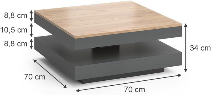 Vicco Couchtisch Elias 360° drehbar 70 x 70 x 34 cm Wohnzimmertisch Tisch (Anthrazit/Goldkraft)