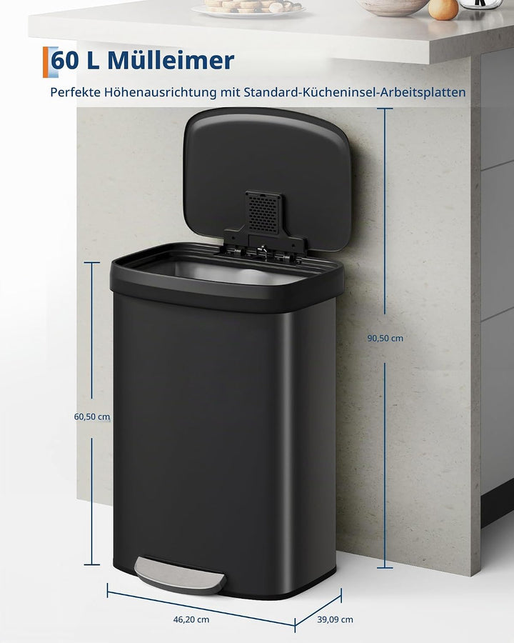 GarveeHome 60L Metall Mülleimer mit Deckel, grosser Tretmülleimer, Mülleimer Küche, rostfrei, mit Be