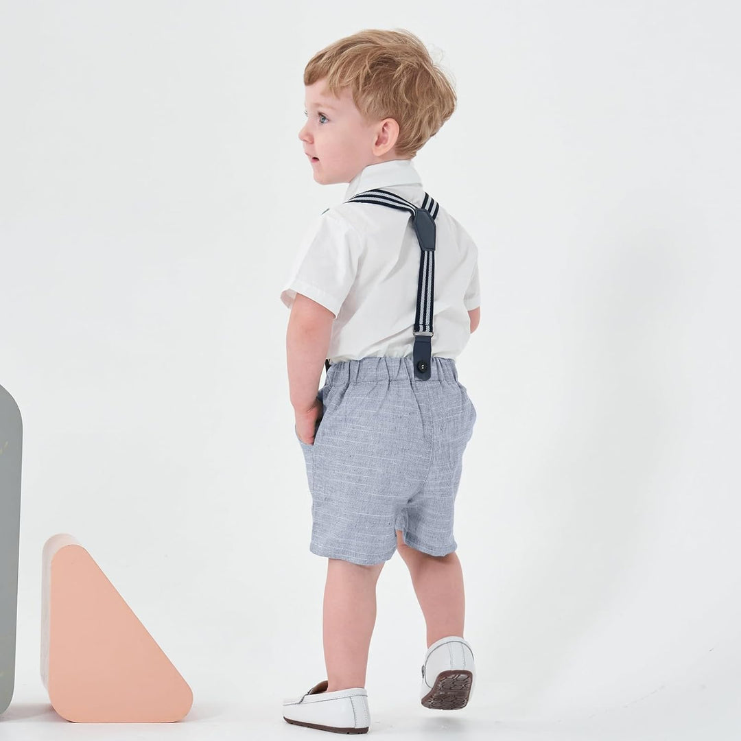 Volunboy Baby Jungen Anzug Set Bekleidung Hemd mit Fliege + Hosenträger Shorts Strampler Anzug 9-12