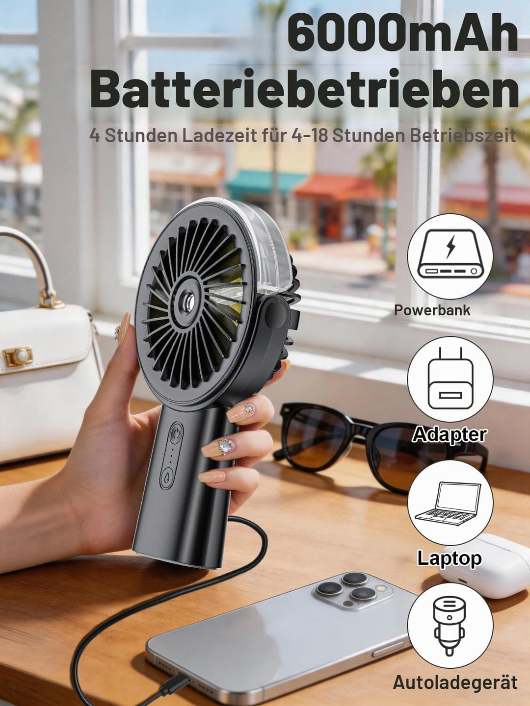 Handventilator Akku Aufladbar mit Wasserkühlung, Tragbarer Mini Ventilator | 6000mAh Ventilatoren Le