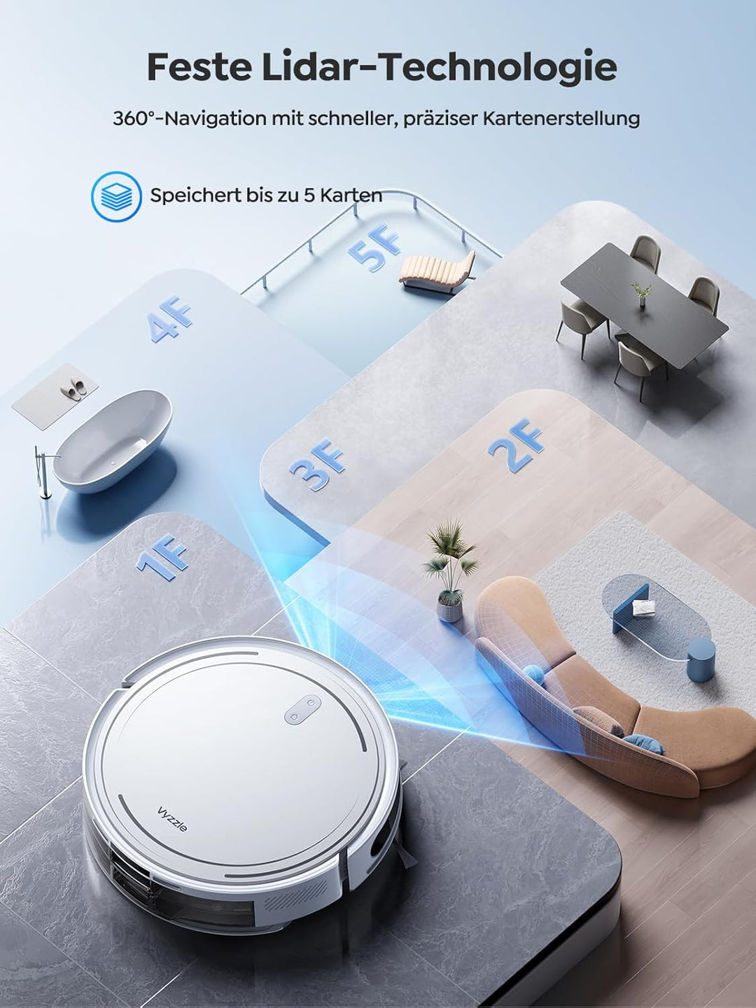 Vyzzle Saugroboter mit Wischfunktion, ultradünner Saugroboter mit LDS Navigation, 5000Pa Staubsauger