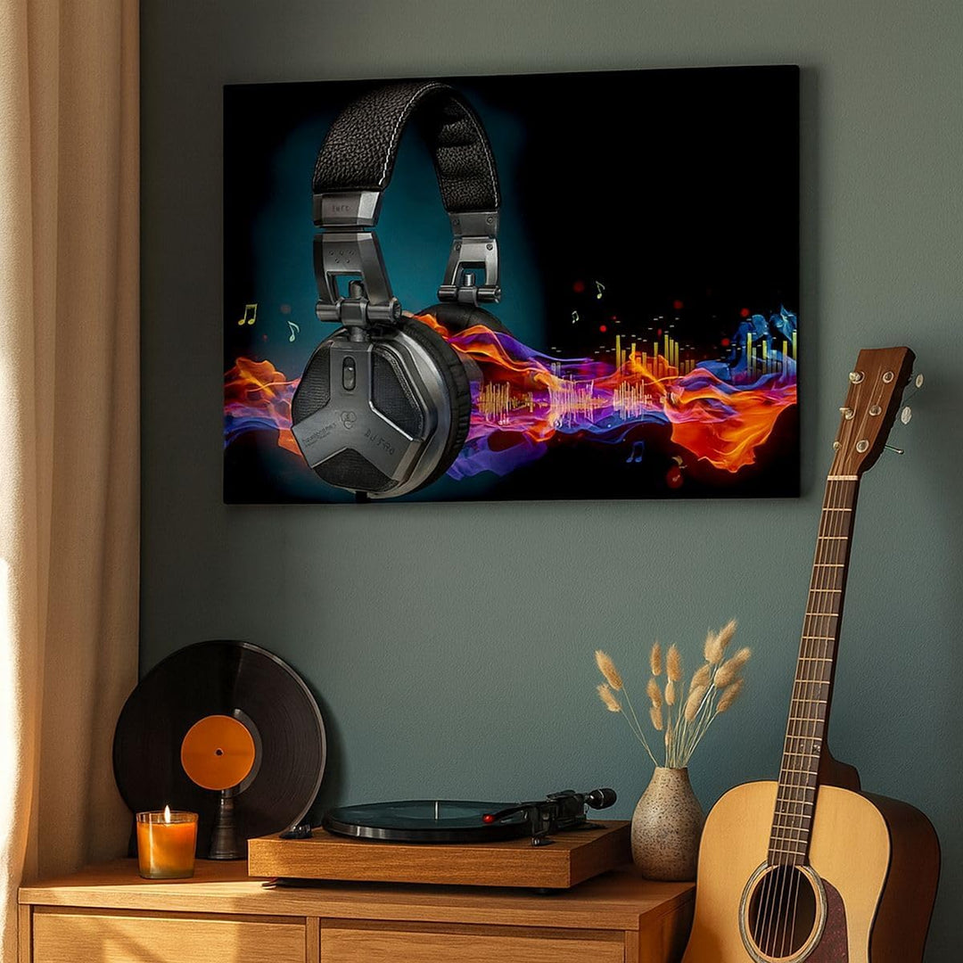 ARTTOR Bilder auf Leinwand Feuer Audio Kopfhörer Leinwandbild 70x50cm Wandbilder Dekoration Wohnzimm