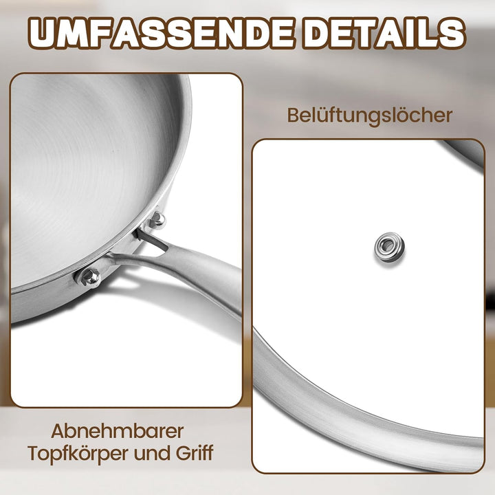 Edelstahl Bratpfanne 24cm mit Deckel, Edelstahl Pfanne unbeschichtet, 3-lagige Edelstahlpfanne induk