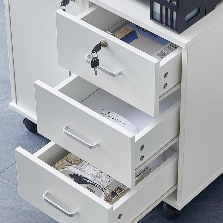 ZBAOLTO Rollcontainer Aktenschrank aus Holz, Abschliessbar Büroschrank mit 3 Schubladen und Tür, Ver