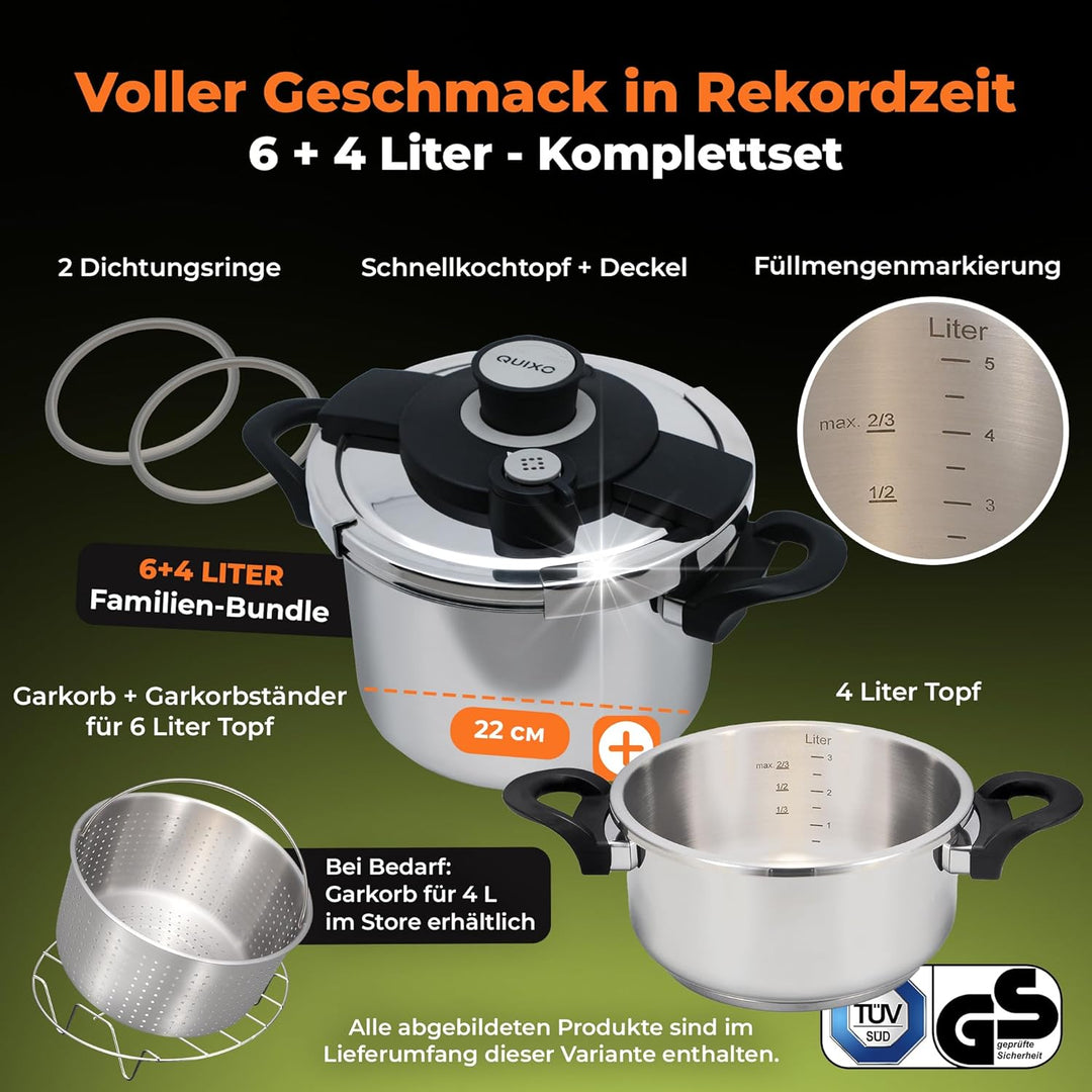 QUIXO Schnellkochtopf Set 6L + 4L VitaSmart mit Garkorb + Kochzeitsignal für alle Herdarten [NEU mit
