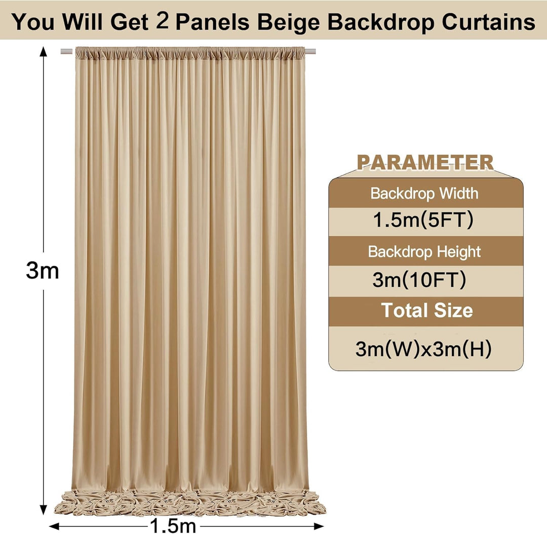 3×3 m Beige Hochzeit Hintergrund Vorhang, 2 Platten 1,5×3m Faltenfreie Seide Polyester Beige Fotowan