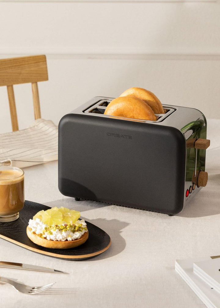 CREATE/TOAST RETRO/Toaster Schwarz / 6 Leistungsstufen, Krümelschublade, Thermostat, Auftauen, Aufwä