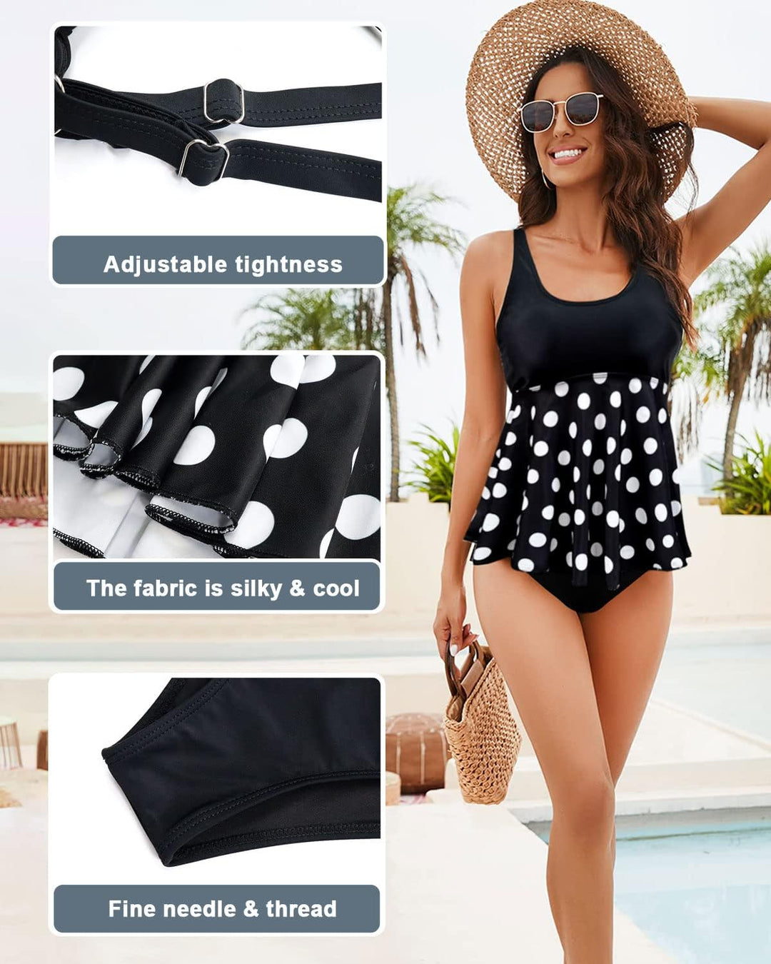 JFAN Tankini Damen Badeanzug Damen Bauchweg mit Rüschen Badekleider und Bikinihose L Polka-punkte, L