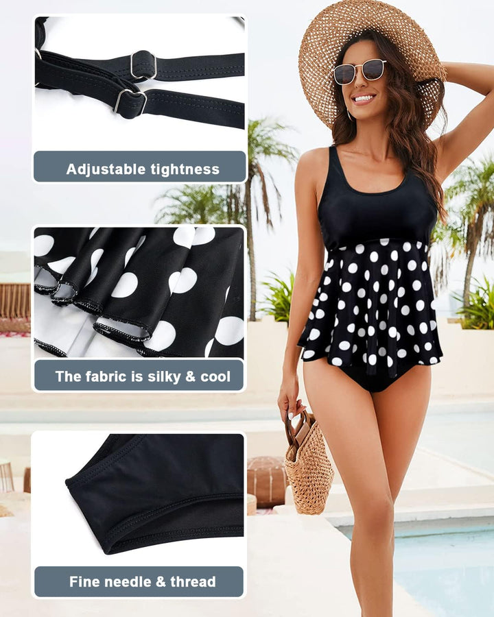 JFAN Tankini Damen Badeanzug Damen Bauchweg mit Rüschen Badekleider und Bikinihose L Polka-punkte, L