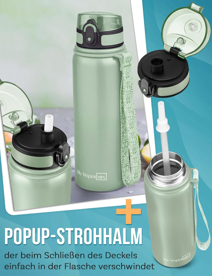 MY VESPERBOX® Edelstahl Thermosflasche Kinder [INK. STROHHALM & SIEB] - Isolierflasche für Jungen &